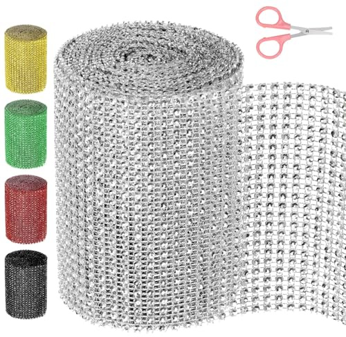Swpeet Rhinestone Band 4.5Y für Dekorationen und Basteln (Silber) 1 Rolle 4.7Inch × 4.5 Yards 24-Reihen Strass Mesh mit Schere, Faux Kristall Diamant Wrap Trim