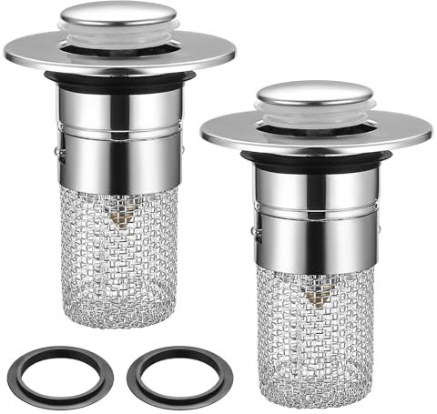 2 Tapones de Fregadero con Filtro de Pelo, Tapón de Drenaje Universal de Acero Inoxidable, Compatible con Diámetros de 34-40mm, Válvula de Drenaje Push Up para Fregaderos y Lavabos