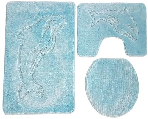 Ilkadim Export 3-teiliges Badset WC Delphin Muster einfarbig, Badteppich 55x85cm, WC-Vorleger mit Ausschnitt für Stand-WC (Eisblau)