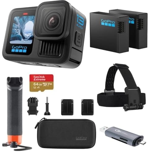 GoPro HERO13 Ensemble d'accessoires noirs – Comprend le handler, 2 batteries Enduro, 2 supports adhésifs incurvés, une carte microSD SanDisk de 64 Go, un étui de transport, une sangle de tête et un
