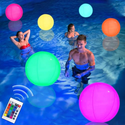 Joycabin 2 bolas de agua hinchables LED luminosas, diámetro de 40 cm, iluminación flotante para piscina, pelota de playa impermeable con mando a distancia, para playa, jardín, piscina, fiesta