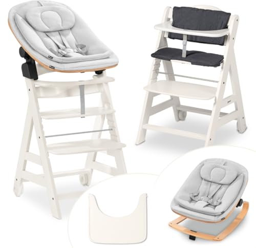 hauck Hochstuhl Beta+ Newborn Set Eco Bouncer - mitwachsender Holz Babyhochstuhl ab Geburt, inkl. Neugeborenenaufsatz, Sitzpolster und Essbrett - Weiß