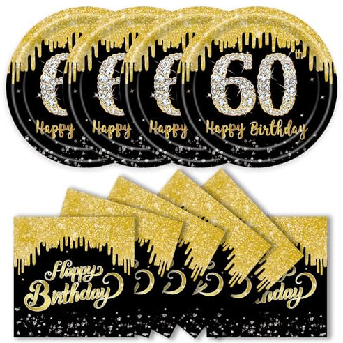 KFJBPB 40 Pcs 60th Birthday Plates and Napkins Party Supplies, Back Gold 60th Dinner Plates Napkins Tableware Set for Men Women Cheers to 60 Years Birthday Party Decorations Serves 20 (60th)