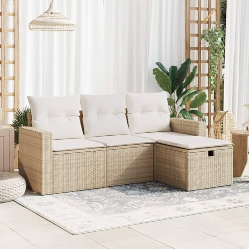 Emmtore 4-TLG. Garten-Sofagarnitur mit Kissen Poly Rattan,1 x Mittelsofa+2 x Sofa mit Armlehnen+1 x Fußhocker,Beige und Creme,mit Aufbewahrung & Tasche