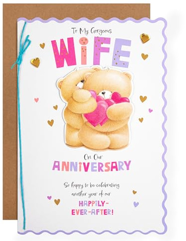 Hallmark Anniversary Card for Wife, Cute Forever Friends Bears with Hearts | Pink and Blue, Measures 26cm X 18cm, Fully Recyclable, Includes Brown Kraft Envelope, Gold Foil Details