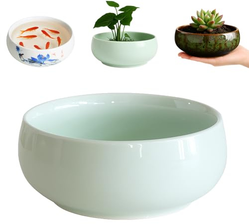 JWShang Lotus Bowl Planter for Planting in Water Indoors, Round Ceramic Lotus Flower Pot, Outdooor Garden Decorative Leak-Proof Bonsai Bowl for Lotus Seeds, Water Lily, Succulents (Cyan)