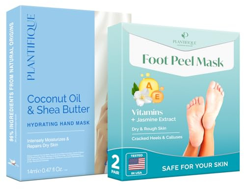 PLANTIFIQUE Masque Pied Peeling Vitamines - Chaussette Exfoliante Pieds très Secs et Abîmés - 2 PAIRES & Masque Hydratant Mains - Crème Réparatrice Peau Sèche pour les Mains - 4 GANTS