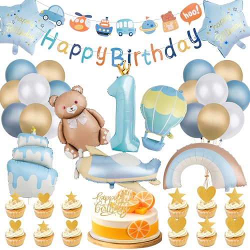 Tutukyle Deko Kindergeburtstag Luftballon Bär Set- Blau 1. Geburtstag Junge Party mit Folienballons Happy Birthday Girlande und Tortendeko, Ballons für 1 Jahr Kinder Geburtstagsfeier