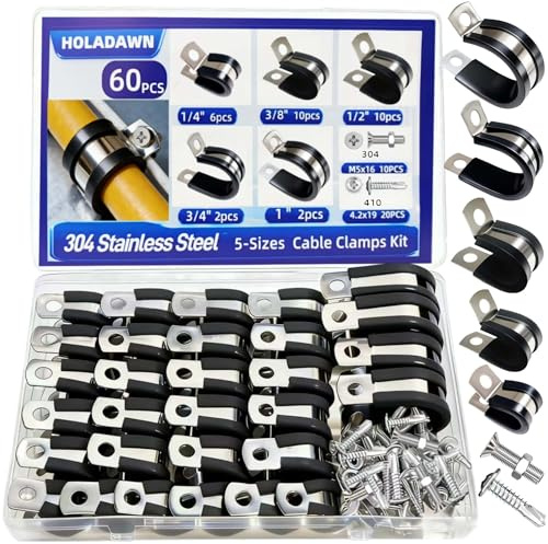 HOLADAWN 60 Pcs Cable Clamps Kit, 304 Stainless Steel Wire Clamps with Rubber Cushion for Hose, Pipe Protection and Management, 5-Size (1/4, 3/8, 1/2, 3/4, 1)