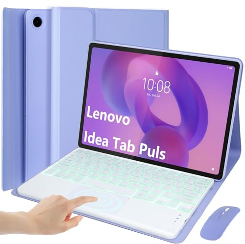 EHLCYS Coque Clavier pour Lenovo Idea Tab Plus 12,1''/ Tab K12 2025 (TB361ZU/TB361FU), AZERTY Clavier Détachable Pavé Tactile Rétroéclairé 7 Couleurs, Coque avec Souris Intégrée,Violet