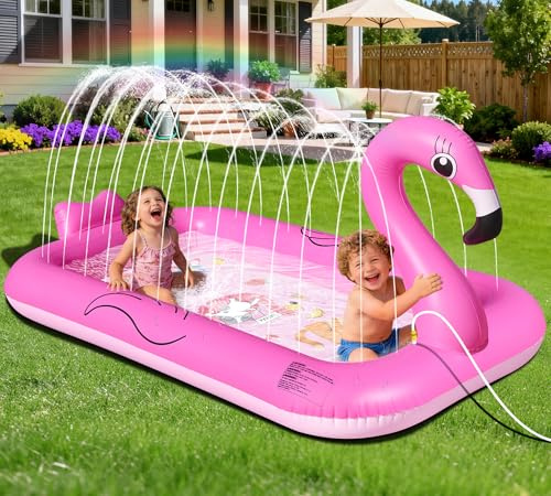 KingSom Splash Pad,Flamenco Tapete de Juegos de Agua,Almohadilla para Aspersor Espesado,Juego de Agua para Niños,Juegos de Aguas para Exterior,Hinchable Salpica de Jueg Aguas,Ideal función para Jardín
