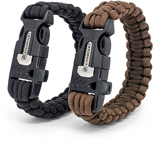Steinbock7 Hochkönig 3-in-1 Paracord-Armband 2er Set - im Verschluss integriert: Pfeife, Feuerstein & Messer - Camping, Outdoor, Wildnis