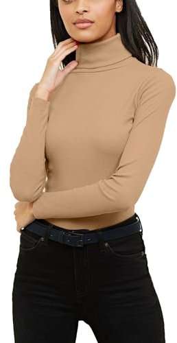 Re Tech UK Ladies Plain Ribbed Cotton Polo Turtle Roll Neck Tunic Top Jumper Full Sleeve, Stone, S/M 8-10