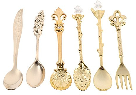 Yosoo 6Pcs Retro Vintage Style Zinc Alloy Carved Coffee Ice Cream Fruit Dessert Spoons and Fork, Golden/Sliver/Red Brass/Antique Brass (Color : Gold)