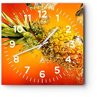 Modern Wanduhr Karibik Ananas Frucht gesund 30x30cm Quadrat Klein Wand Uhr Glas Analog Zimmeruhren Küche Büro Wohnzimmer Glasuhr Wall Clock Dekoration Design Wanddekoration Küchenuhr C4AC30x30-2209
