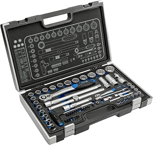Högert Technik - Cassetta Attrezzi, Set Attrezzi, Valigetta Attrezzi, Set Utensili, Kit Attrezzi, Chiavi a Bussola, Punte e Accessori 1/4, 1/2, Meccanismo a Cricchetto 72 Denti - HT1R470, 60 Pezzi
