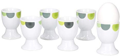 Van Well | 6er Set Eierbecher Rondo rund | Becher Ø 5 cm | hoher Eier-Ständer | Egg Cup | abstrakte Retro-Kreise grün-gelb | edles Porzellan-Geschirr