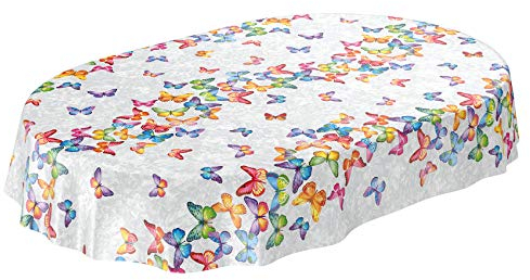 ANRO Wachstuch Tischdecke abwaschbar Wachstuchtischdecke Wachstischdecke Schmetterlinge Silber Bunt Oval 220x140cm