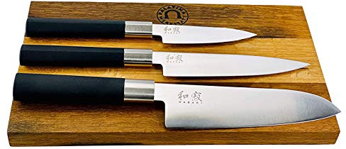 Palatina Werkstatt ® Kai Wasabi Black Ensemble de couteaux Santoku 16,5 cm et couteau de bureau 10 cm Couteau tout usage 15 cm + planche en chêne 25 x 15 cm
