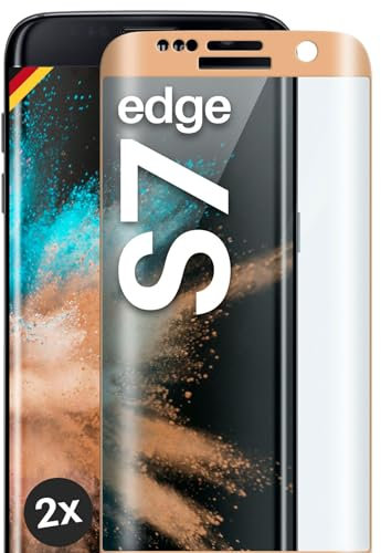 moex Full Screen Schutzglas kompatibel mit Samsung Galaxy S7 Edge - Schutzfolie randlos, ganzer Bildschirm, Curved 3D Schutzglas Folie, Clear 2x Golden