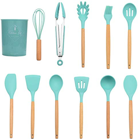 Hoshen - Utensilios de cocina de silicona con mango de madera, 12 piezas, utensilios de cocina antiadherentes, espátula de silicona resistente al calor, color verde
