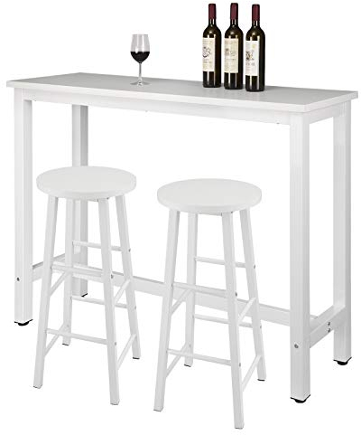 WOLTU Bartisch Set mit 2 Barhockern, 3-teilige Essgruppe mit Küchenstühlen, Esstisch & 2 Hockern aus Metall & Holz für Küchen Wohnzimmer, Weiß