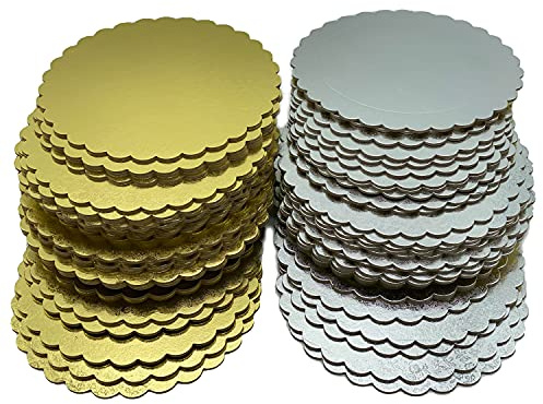 Juego de bases de tartas doradas y plateadas de cartón de 3 mm de grosor, con borde decorativo ondulado dentado, en varias cantidades para servir, transportar y apilar tartas y pasteles