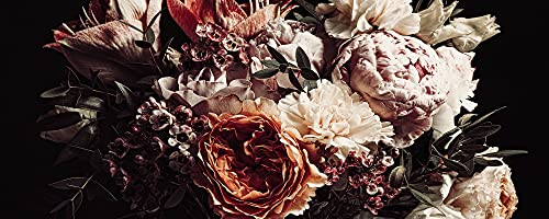 Glasbild Bouquet | Wandbild aus Glas | Bild modern Querformat | bunte farbige Blumen als Blumenstrauß mit Rosen | Wohnzimmer Schlafzimmer Kinderzimmer Büro | violett rosa rot schwarz weiß | 50x125 cm