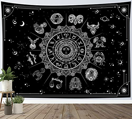 LB Konstellation Wandteppich Astrologie und Sonne Wandtuch Mandala Boho Wandbehang Schwarz und Weiß Tapisserie für Wohnzimmer Schlafzimmer Wohnheim Wanddeko,150x100cm