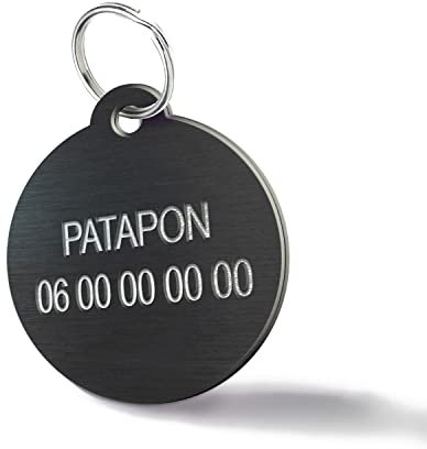 Médaille Gravée pour Chien et Chat – Médaillon d’Identification Personnalisé 2 Lignes En Aluminium Anodisé – Gravure Recto Verso avec Nom & Numéro (Petit Rond-27 mm, Noir)