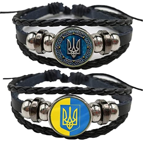 TOSSPER Ukraine Armband, 2 Pcs Multilayer Ukrainische Flagge Dreizack -Symbol Charme Lederarmband Barm Schmuck Für Männer Frauen Frauen