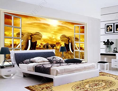 Papier Peint Panoramique Fenêtre Éléphant De Savane Africaine Papier Peint Intissé 3D Murale Tableaux Muraux Tapisserie Salon Chambre