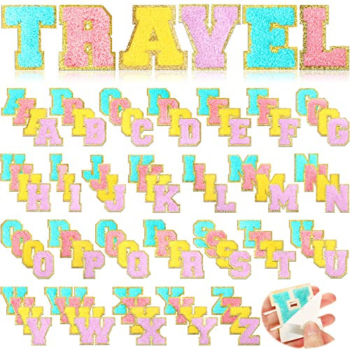 Jutom 104 Pcs Self Adhesive Chenille Letter Patches Letter Patches Chenille Stick on Embroidered Patch for Clothing Jackets Backpacks Hats(Classic,Purple, Sky Blue, Pink, Yellow)