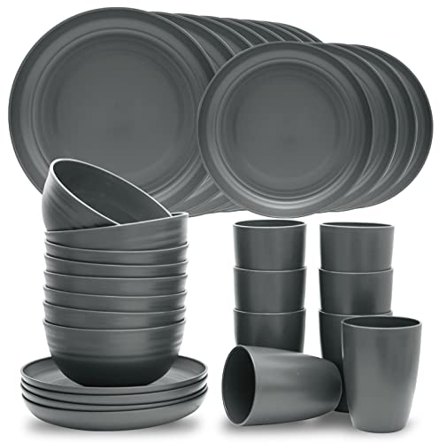 Dhnvcud 32-teiliges Küchenteller und Schalen-Sets, leichtes Kunststoff-Geschirr-Set für 8, unzerbrechliches Geschirr-Set, wiederverwendbares Teller-Set, Wohnmobil, Grau