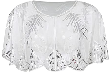 GIBZ Pailletten Schal und Wraps für Damen Elegantes Abend Cape Weiche Strickjacke 1920er Vintage Stola, Weiß