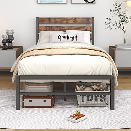 VERFARM Modern Metallbett Bettrahmen, Metall Bett Bettrahmen mit Holz Kopfteil, Bettgestelle mit Lattenrost für Schlafzimmer Gästezimmer, Einfache Montage, 90 x 200 cm, Schwarz-Braun