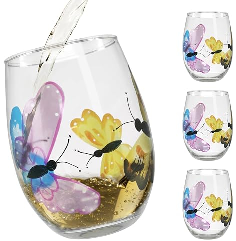 BANBERRY DESIGNS Lot de 4 verres à vin sans pied en forme de papillon – Cadeaux pour les amateurs de papillons – Anniversaire, anniversaire de mariage, occasion spéciale, dîners
