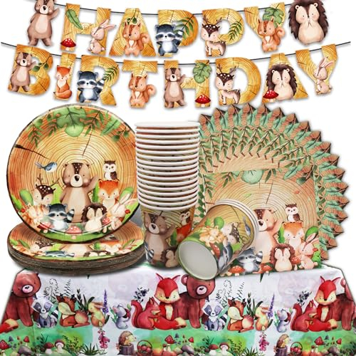 Dschungel Tiere Party Geschirr Geburtstag Deko im Herbst,Dschungel Safari Partygeschirr Set,Kindergeburtstag Banner für 20 Gäste, Teller Animals Tassen Servietten Tischdecke