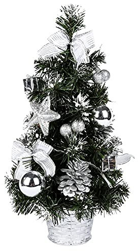 KULSUM Pre-Lit Artificial Mini Christmas Tree with LED Lights, Snow Flocked Pine Xmas Tree, Desktop Tabletop Christmas Tree Burlap Base, Mini Desktop Decoration Tree (Sliver)