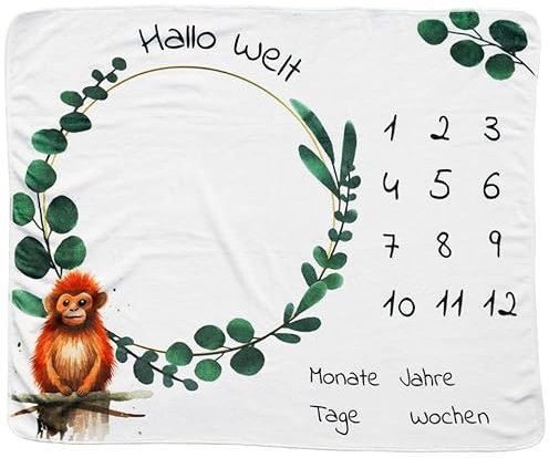 kreativherz - Premium Baby Meilenstein Decke Tier-Motiv „AFFE“ 120x100cm extra Weich nach OekoTex geprüft - Meilensteindecke Monatsdecke für Baby & Kinder - Babydecke für Mädchen & Jungen (Deutsch)