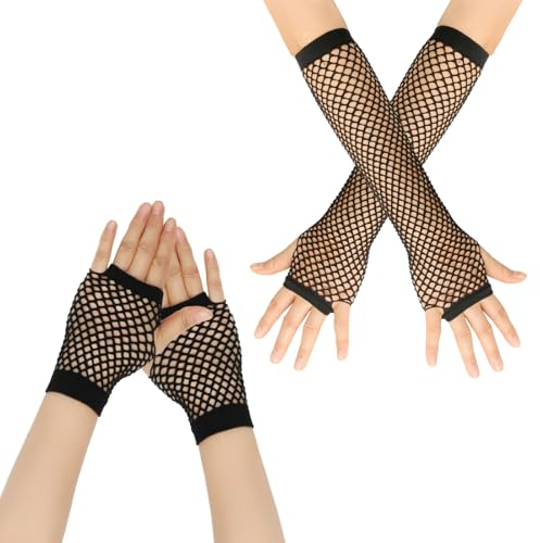 EODKSE Guantes de rejilla para mujer, 2 pares de guantes largos y cortos de malla sin dedos, en estilo vintage de nailon para fiesta temática retro de los, Accesorios de disfraces para mujeres y niñas