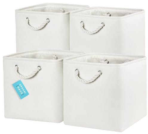 OrganiHaus 30x30 Cube Storage Bins Set of 4, Fabric Cube Baskets for Storage Shelves, Foldable Storage Cubes for Kallax Organizer Cube Bins w Rope Handles, Cubby Bins for Nursery Decor, White