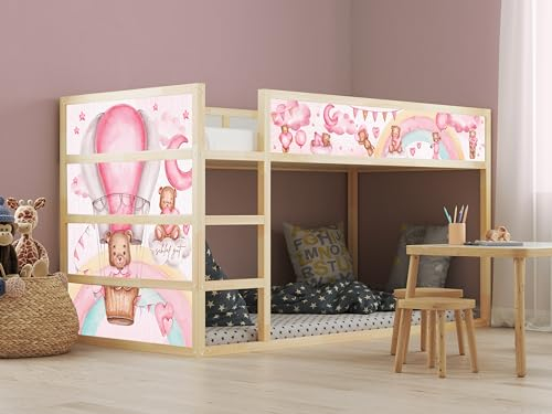 Aufkleber passend für Ikea KURA Bett Bär Heißluftballon Wolke spielende Teddybären Spielzimmer Deko Bettaufkleber KB3031 (Sticker-Set 5tlg.)