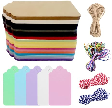 Set mit 200 bunten Geschenkanhängern, dekorativen Anhängern zum Aufhängen mit Schnur, Anhänger aus Kraftpapier, geeignet für Hochzeitsanhänger, Bekleidung, Nachrichtenkarten