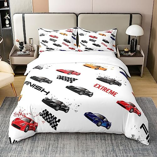 Loussiesd Cartoon Auto 100% Baumwolle Bettwäsche Set,Rennwagen Bettbezug Set,Cool Speed Sportwagen Extreme Sports Schwarz Rot Bettwäsche 135x200cm
