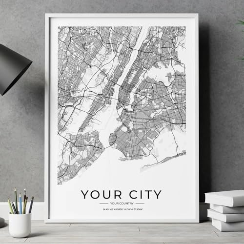 SHINERING Personalizado Negro Moderno Cualquier Mapa De Ciudad Arte De Pared Lienzo Póster Impresiones Pinturas Imagen Para La Decoración Del Hogar De La Sala De Estar A3 60X80Cm Sin Marco