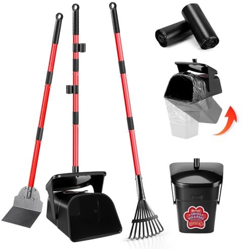 Ormalla Pooper Scooper Swivel Bin & Rake & Spade with 60 Waste Bags, Heavy Duty Dog Poop Scooper for Large Medium Small Dogs, Long Stainless Steel Handle Use on Yard, Grass, Dirt or Gravel