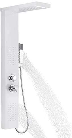 YUENFONG Panneau de Douche en Acier Inoxydable - Colonne à Effet Pluie Avec Douchette à Main - Massage et Cascade - Blanc