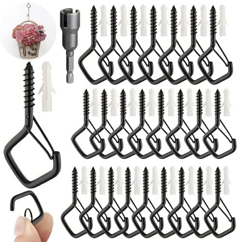 25 PCS Black Q Hanger Screw Hooks, Screw Hooks for Outdoor Lights with Drill Bit, Cup Hook Eye Hook with Safety Buckle, Windproof Metal Ceiling Hooks for Plants, Fairy Lights,Bird Feeder(Rhombus)