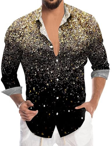 Pailletten Hemd Herren Lange Ärmel Glitzerhemd Glitzer Shirt Satin Revers Mode Goldenes 80er Jahre Glänzend Slim Fit Langarmhemd Business Für Party Nachtclub